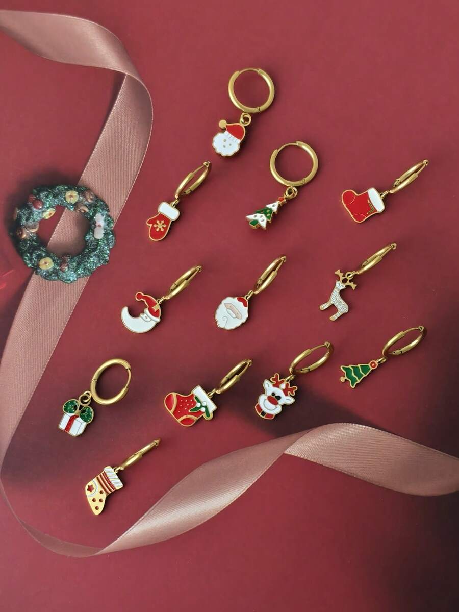 1pc Y2K Stainless Steel Enamel Cartoon Christmas Santa Claus & Reindeer Stocking Earrings, Suitable For Christmas Wear And Everyday Autumn/Winter Wear