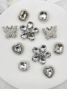 10个ABS树脂银色和金色奢华蝴蝶和心形鞋饰，闪亮水钻花朵鞋夹，可拆卸几何方形鞋饰，多功能优雅鞋夹，适用于女士凉鞋、拖鞋、沙滩包，圣诞节、万圣节、情人节、生日、节日派对礼物（不含鞋子） - 彩色 - 查看 9