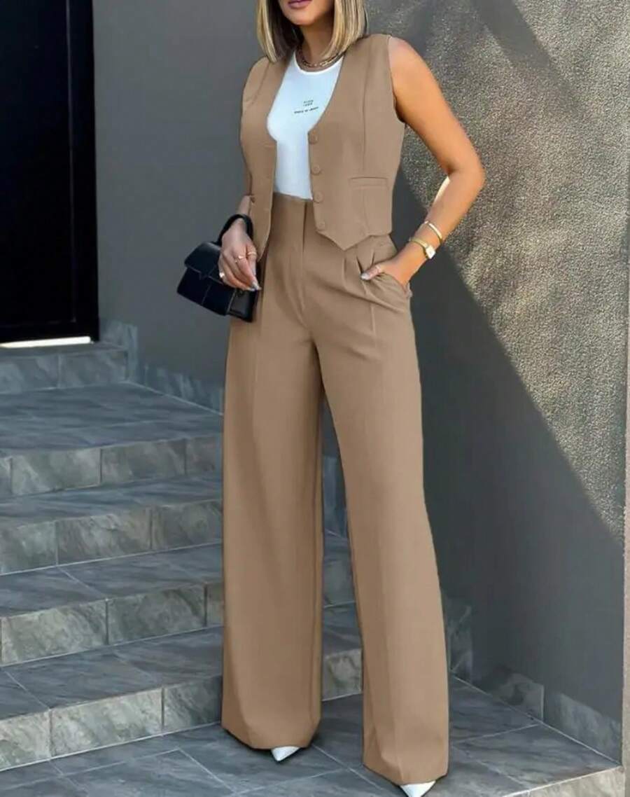 Trousers Suit Women's Vest Trousers Suit Elegant Loose Regular Work Suit High Waist Wide-Leg Trousers 2-Piece Street Suit - 卡其色 - 查看 1