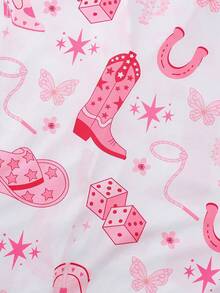 2 piezas Conjunto de pijama para mujer, estilo de mezclilla con estampado de estrellas, top de manga corta con cuello y shorts casuales, adecuado para el hogar, vacaciones, primavera/verano - Rosa - Ver 6