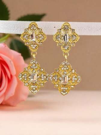 微镶嵌方晶锆石耳环，优雅的四叶花设计长耳环，简约花卉吊坠耳环，适合日常佩戴、婚礼、派对、礼物