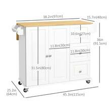 HOMCOM Kitchen Island With Drop Leaf, Rolling Kitchen Cart On Wheels With 3 Drawers, Cabinet, Natural Wood Top, Spice Rack And Towel Rack, White