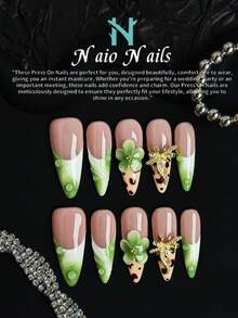 NAIO 10 Pieces Handmade Almond-Shaped Y2K Baddie-Style Press-On Nails In Nude, White, Green, And Brown Leopard Print French Tips, 3D Floral Gel Nail Designs, And Gold Bow Embellishments. They're Perfect For Everyday Looks For Women And Girls, As Well As For Parties, Ceremonies, And Other Occasions. The Included Tool Kit Makes A Great Gift For Women And Girls.