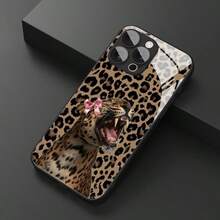 1pc Leopard Bow & Leopard Pattern Glass Material Phone Case, High-End & Elegant, Compatible With Iphone, Tempered Glass Material - Black - View 1