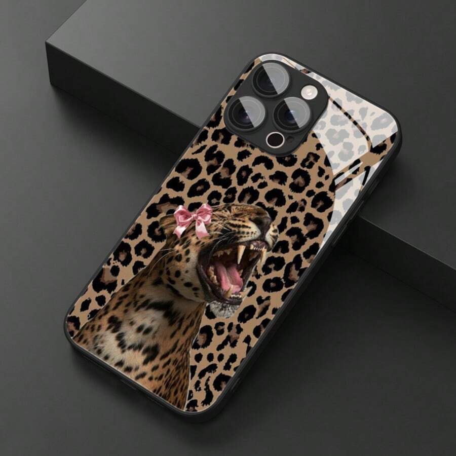 1pc Leopard Bow & Leopard Pattern Glass Material Phone Case, High-End & Elegant, Compatible With Iphone, Tempered Glass Material - Black - View 1