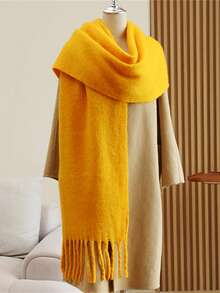 1pc Solid Color Scarf, Warm Neck Accessory, Thick Knitted Wool Tassel Shawl, Wearable For Winter - Yellow - View 1