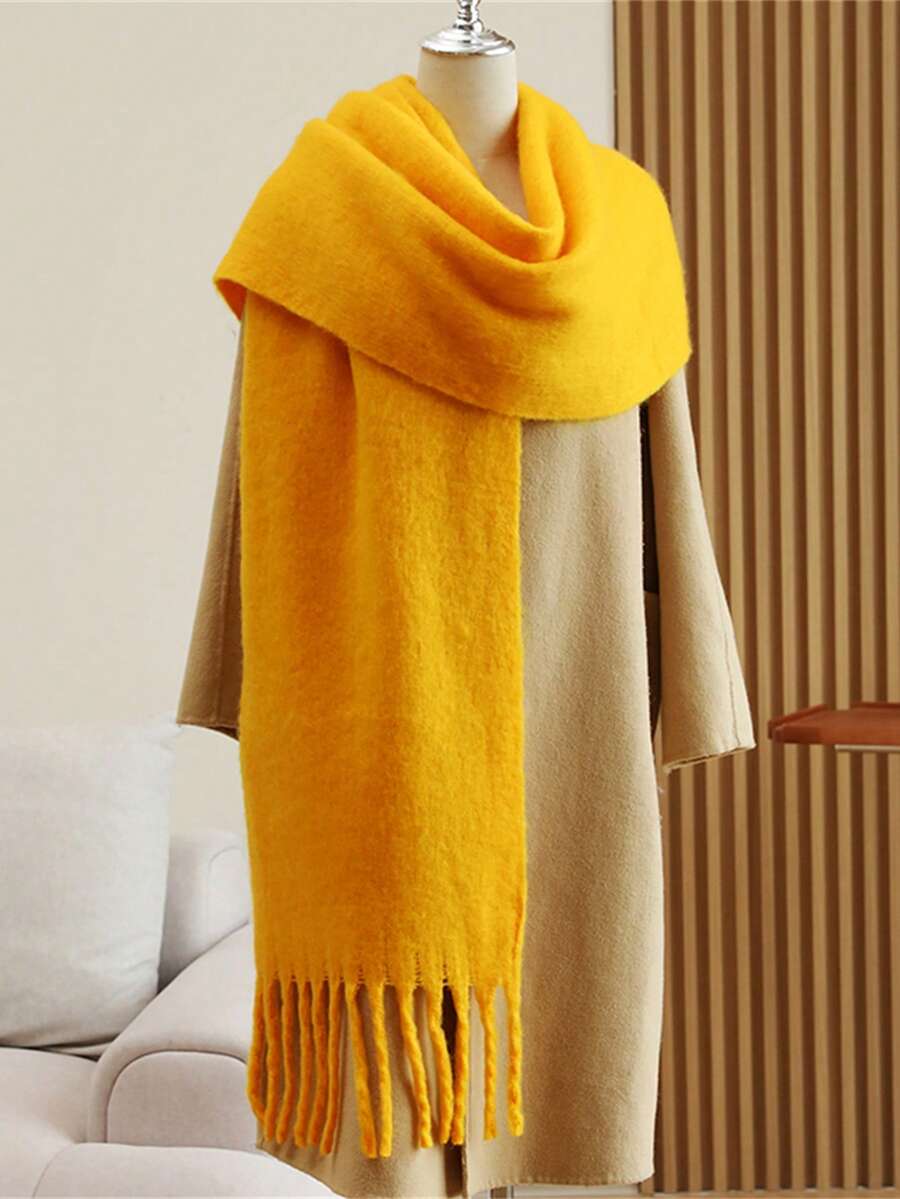 1pc Solid Color Scarf, Warm Neck Accessory, Thick Knitted Wool Tassel Shawl, Wearable For Winter - Yellow - View 1