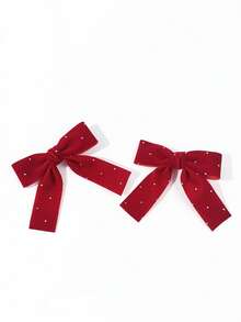 2pcs Women's Solid Color Rhinestone Velvet Bow Hair Clips, Cute Accessories