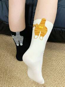2 Pairs Cat Bell Pattern Casual Mid-Calf Socks, Fun & Cute, Suitable For Summer Wear. Creative 3D Abstract Cat, Egg, Bell Design Funny Ankle Socks, Adorable Cat, Egg Pattern, Suitable For Summer - Multicolor - View 6
