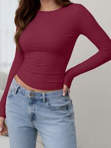 T-shirt casual à manches longues, coupe slim et col rond pour femmes