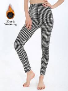 Colanți pentru femei, cu căptușeală termică, alb-negru, la modă europeană și americană, casual, minimalist, elegant, cu elasticitate ridicată, călduroși, strâmți, cu imprimeu Houndstooth, potriviți pentru acasă, antrenament, yoga, fitness, plimbări în aer liber, petrecere, cadou, toamnă/iarnă - alb - Vizualizare 6