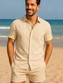 Men's Slim Fit Striped And Plain Set Shirt Short Sleeve Viscose - Apricot - View 2