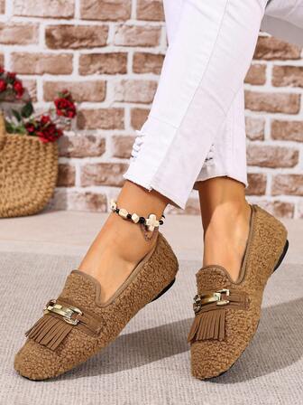 Women's Solid Color Versatile Fuzzy -On Flats, Casual Sports Flat Shoes With Buckle And Tassel, Soft Sole Outdoor & Indoor Shoes