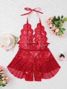 Women's Open Crotch Lace Decorated Backless Halter Neck Sexy Bodysuit With Ruffle Trim, Rave - 紅色 - 查看 8