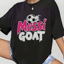 Messi GOAT Soccer Graphic Print Wo's Navy Blue T-Shirt - G 100% Cotton Round Neck Casual Tee, Hine Washable H-Line Fit For Spor Fans & Casual Attire, Soccer Hirt, Sporty Design220g Heavyweight 100% Cotton T-Shirt. Butterfly Print. Unisex Sizing. Round Neck Inspirational T-Shirt. Cute And Beautiful Y2K-Inspired Summer Top, Perfect For The Outdoors, Home, Work, Or Street Wear. Casual, Loose-Fitting Everyday T-Shirt. - 黑色 - 查看 1
