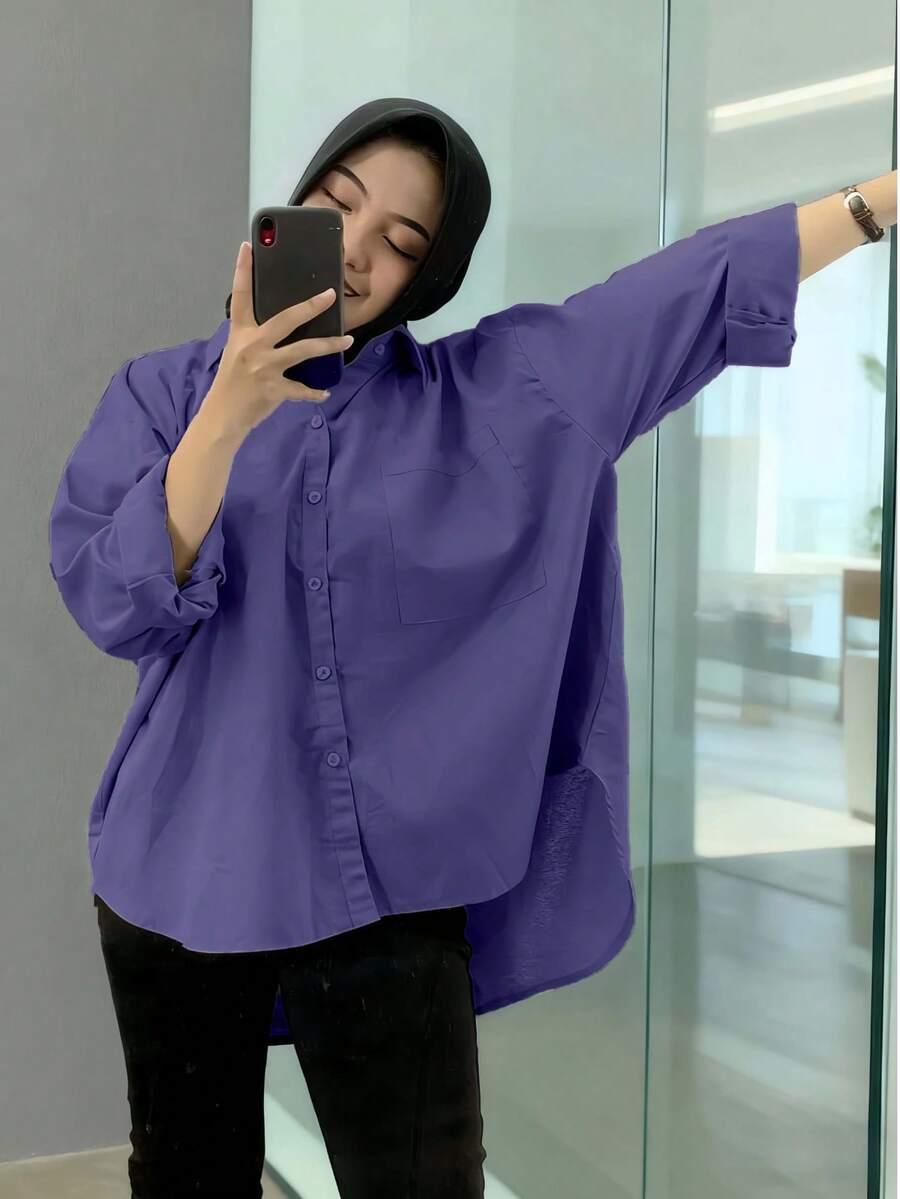 Women's Modest Long Sleeve Button Front Shirt With Pockets Regular Fit Woven Fabric Top - Purple - View 1