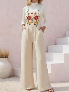 Embroidery Sleeveless Overall With Pockets, Fall/WinterOutfits For Women, Vacation/Casual
