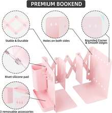 A Set Of Sturdy, Durable, Multifunctional Retractable Bookends With Pen Holder Hooks And Storage Boxes, 6-Piece Folding Space-Saving Desktop Storage Rack, Thick Partition Metal Book Storage Rack - Pink - View 4