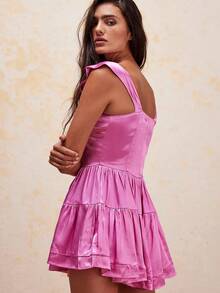 Women's Cap Sleeve Mini Dress Summer Fashionable Floral Print/Solid Color Scoop Neck A Line Ruffled Dress - 玫紅色 - 查看 3