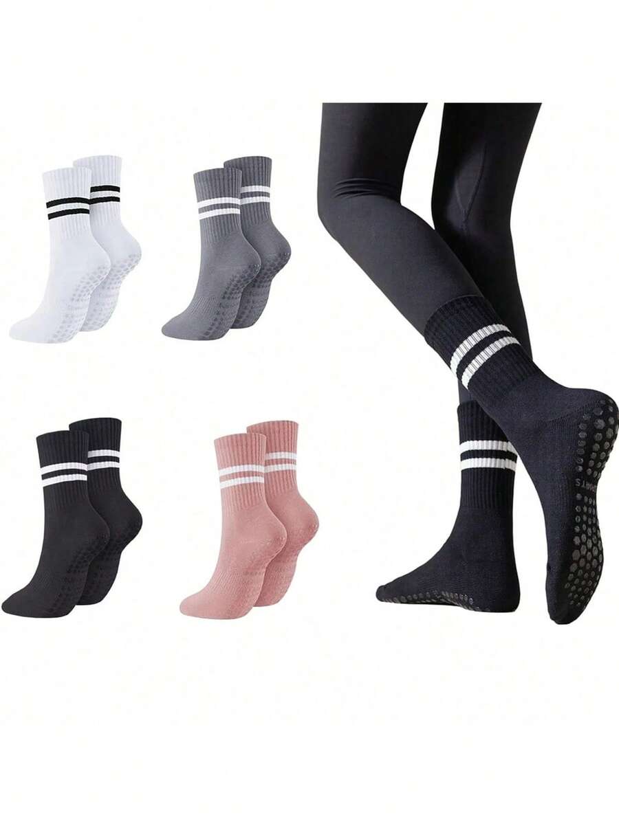 4 Pairs Women's Pilates Grip Socks, Non-Slip Yoga Socks, Enhance Barbell And Grip Strength, Breathable Polyester, Striped Design, Suitable For All Seasons, Yoga Accessories, All Season Socks, Textured Bottom Socks, Durable (Assorted Colors)