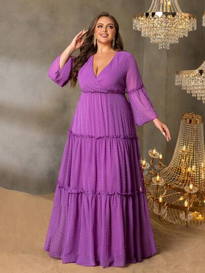 Plus Size Women's Elegant Crossover Neckline Formal Evening Dress, Flare Sleeves, Layered Ruffle Hem, Sequin Decor Fitted Wedding Guest Dress, Tiered Skirt, Suitable For Black Tie Gala, Wedding Reception, Red Carpet Events, Opera Night, Charity Ball