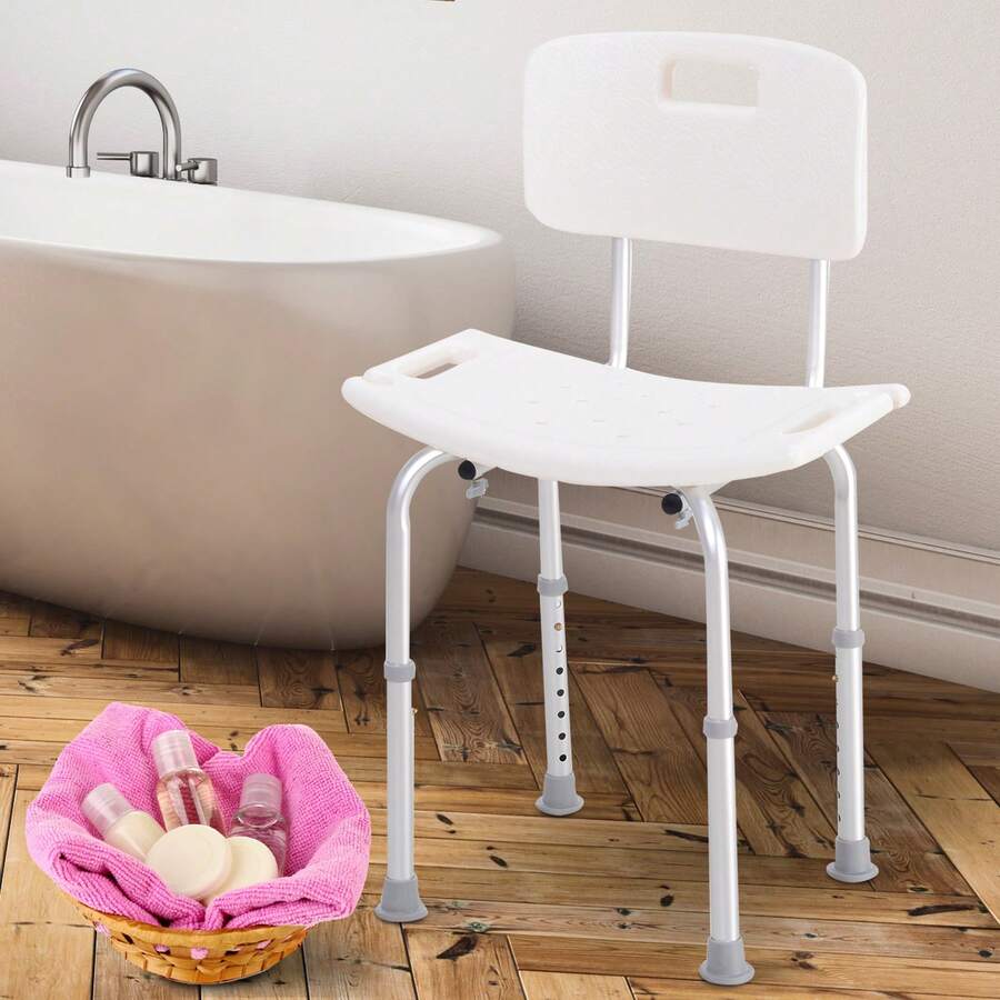 HOMCOM Bath Chair With Back, Adjustable Height Non-Slip Shower Stool Bench Tool-Free Assembly Bathroom Aids, White - 白色 - 查看 1