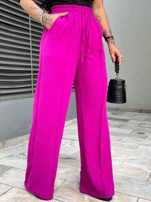 Women's High Waist Wide Leg Pants With Pockets - Rose Red - View 4