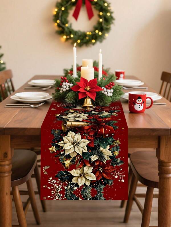 1 PIEZA Camino de mesa de Navidad con patrón de Poinsettia roja y campana dorada, estilo navideño 100% poliéster rectangular, resistente a las arrugas y de fácil cuidado, ideal para decorar la mesa del hogar, fiestas navideñas y ambientación de la habitación durante las fiestas