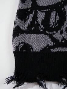 男士休闲宽松V领骷髅印花开衫，长袖，街头风，适合秋冬季穿着 - 灰色 - 查看 7