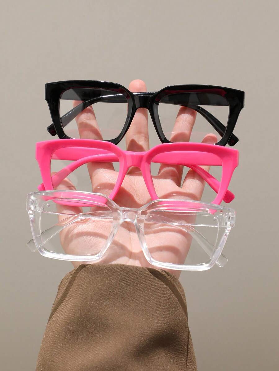 3pcs/Set Fashion Versatile Women's Non-Prescription Glasses, Suitable For Daily Wear - Black Rose Red Transparent White Flat Combination - View 1