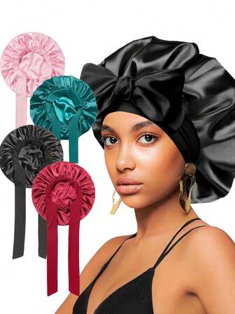 Diadema de satén con correas elásticas anchas, adecuada para dormir. Gorro de noche de seda con correas ajustables y forro de satén, adecuado para cabello rizado