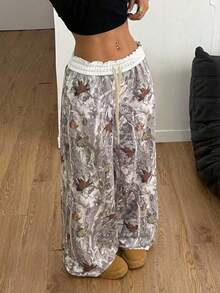 Quần dài ống rộng màu xanh lá cây thoải mái, họa tiết rằn ri dành cho nữ khi trở lại trường vào mùa thu - Xám - Xem 5