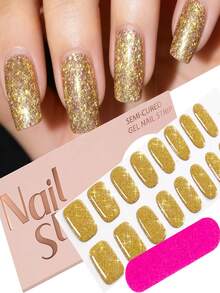 16 件/套 7 色半固化凝胶指甲贴，闪光全息闪光自粘凝胶指甲全贴，适合圣诞节情人节，需要紫外线灯，易于修甲，适合女性日常 DIY 美甲