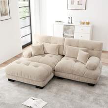 Cloud Corner Sofa For Living Room, Chenille Double Sofa With 2 Lumbar Cushions And 2 Decorative Pillows, Upholstered Sofa With Wide Armrests And Ottoman, Light Brown Chenille - 米色 - 查看 12