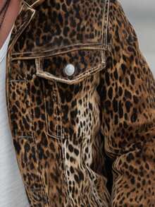 Men Denim Long Sleeve Jacket, Vintage Leopard Print Casual Loose Streetwear Jacket, High-End Workwear Jacket, Fall - Brown - View 4