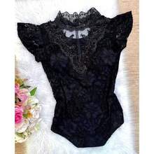 Women's Lace Bodysuit With Short Sleeves And Pearl Details - màu đen - Xem 3
