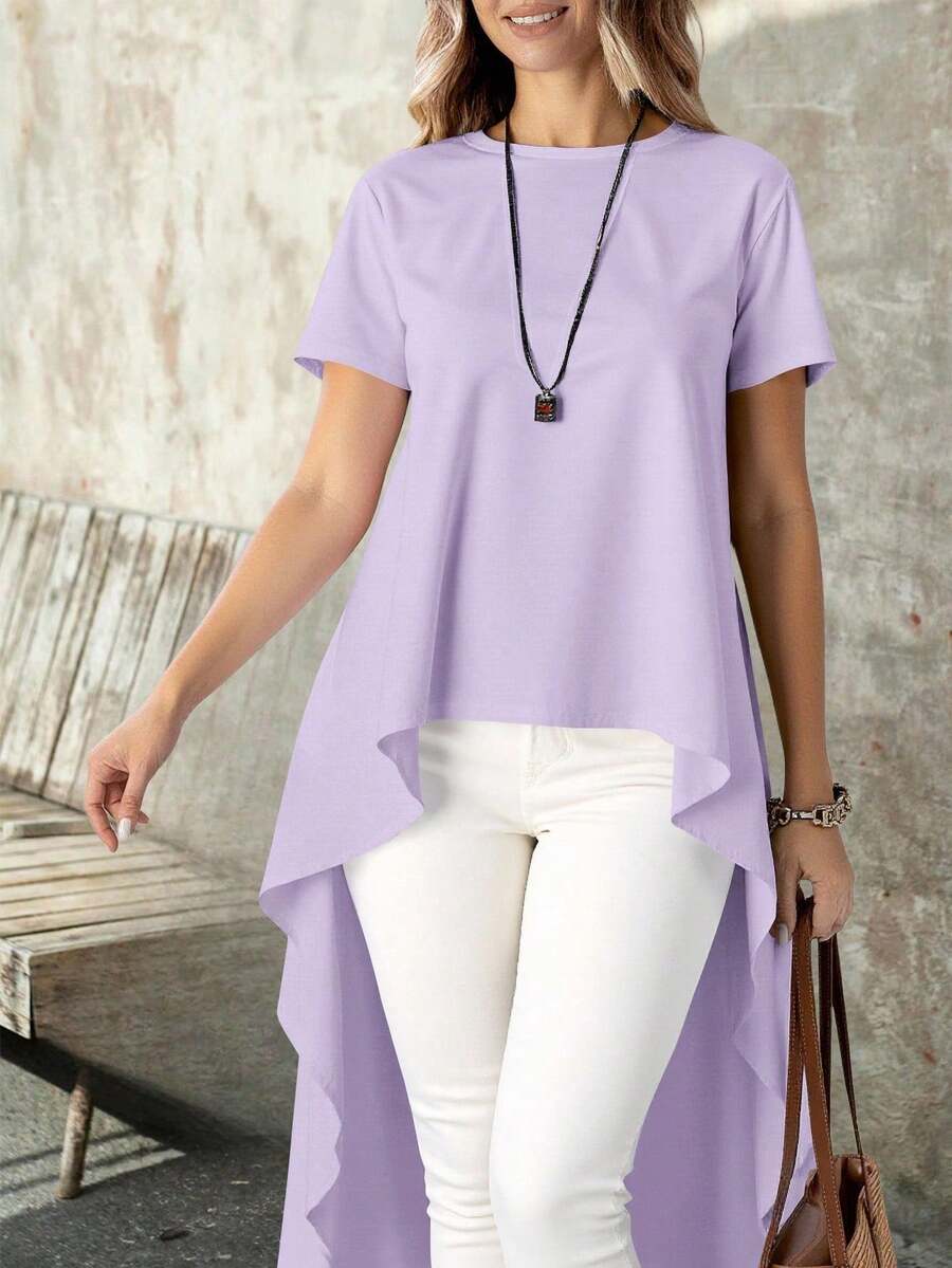 Blusa casual para mujer asimétrica diseño High Low tela lisa holgada cuello redondo manga corta primavera verano ocasiones versátiles blusa larga - Lila Púrpura - Ver 1