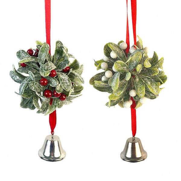 1 Piece Christmas Mistletoe Hanging Balls Holiday Artificial Mistletoe Balls Xmas Kissing Ball Decorations With Bells For Home Christmas Party Decor
