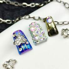 10pcs Pure Hand-Wom Nail,Cyberpunk Y2K Glam Stiletto Press - On Nails | Blue - Purple Ombre With Metallic Silver, 3D Metal Star & Heart Charms, Aurora Rhinestones & Iridescent Gems | Shimmer Finish Fake Nails - Perfect For Halloween Festivals, Clubbing & Edgy Street Style - 藏蓝色 - 查看 8