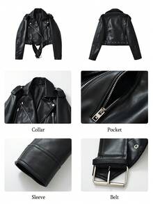 Women's Faux Leather Biker Short Jacket - Black - View 4