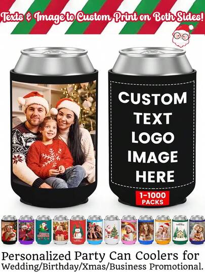 Custom Christmas Can Cooler Sleeves 1/5pcs, Personalized Picture/Texts Party Beer Cooler For Wedding/Birthday/Xmas/Business Promotional. Bulk Personalized Insulated Can Drink Holder With Logo Image Text For Halloween Christmas Holiday Party Decorations Supplies Favors. Wedding Favors For Guests, Party Coasters, Bridal Shower Gift, Table Decoration