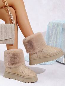2025 Nuovi stivali da neve invernali da donna in taglia grande, in morbido pile beige con strass, versatili, con suola spessa e calda, scarpe casual con fodera in pelliccia spessa