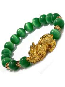 1 件 3 色猫眼石貔貅串珠弹性手链、猫眼石和玉石串珠手链、DIY 水晶和玛瑙圆珠貔貅手链、黑曜石时尚精致情侣手链 - 綠色 - 查看 5