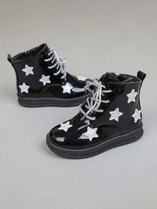 1 Pair Girls' New Five-Pointed Star Decor Flat Bottom Boots, Shock Absorption Anti- Infant Boots, Fashion Versatile Side Zipper Children Outdoor Ankle Boots, Suitable For Autumn/Winter - Black - View 6