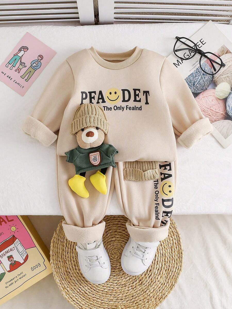 Chatreadl 2pcs/Set Young Boys Long Sleeve Sweatshirt With 3D Bear Graphic And Solid Color Pants Set, Minimalist Style, Comfortable For Spring, Autumn And Winter - Apricot - View 1