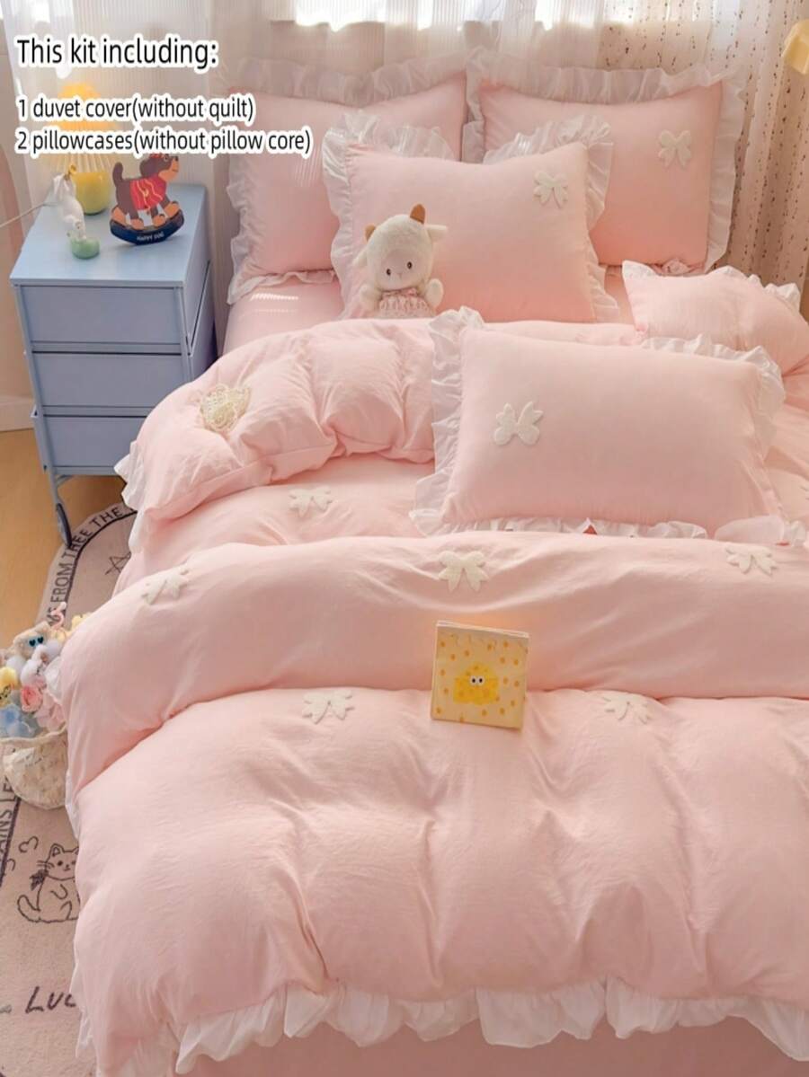 彩色蝴蝶结刺绣荷叶边被套套装,白色三件套,包含1个被套和2个枕套,超柔软透气时尚床上用品 - 粉色 - 查看 1