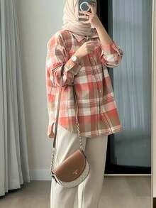 Women's Simple Woven Fabric Long Sleeve Button Plaid Shirt Collar Blouse - Multicolor - View 1