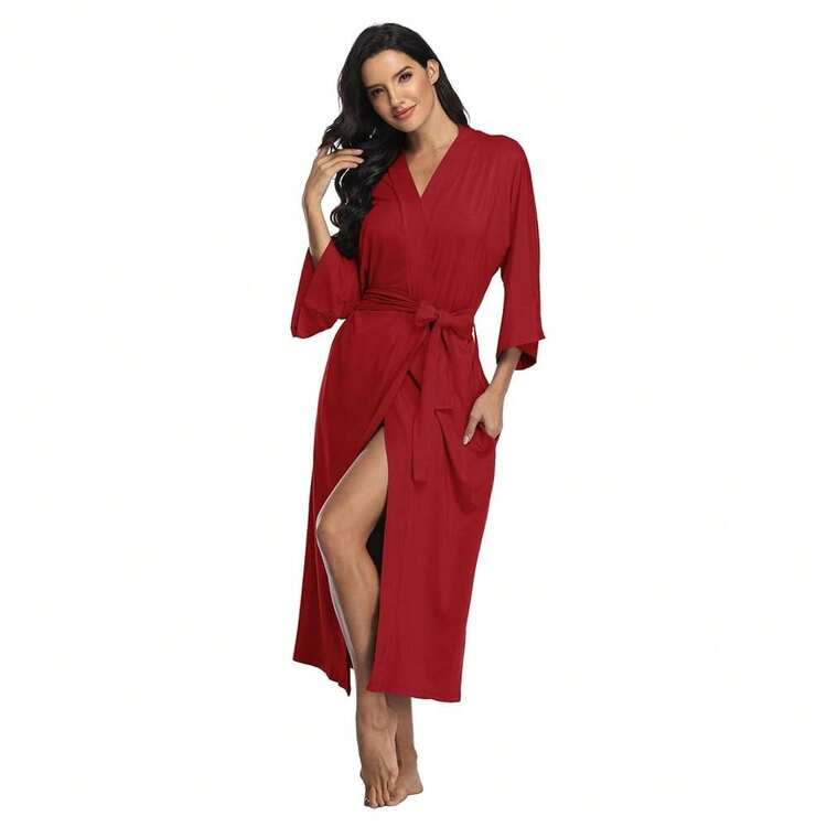 Women's Long Robes Ladies Kimono Bathrobes Full Length Robes Soft Modal Sleepwear Nightgown{"Size_name":"Large","Color_name":"WineRed"} - WineRed - View 1