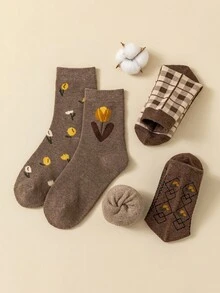 1/3/5双女士中长袜，适合秋冬季节，厚款毛圈保暖袜，花朵图案女士袜子 - 彩色 - 查看 12