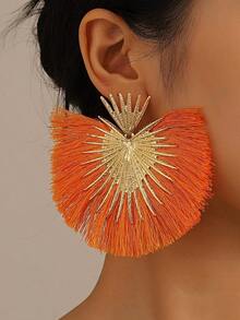 1 Pair Western Style Retro Exaggerated Heart-Shaped Fan Tassel Earrings For Women – Unique Personality Jewelry Perfect For Daily Wear, Parties, Festivals, And Gift Giving – Ideal For Valentine's Day, Mom, Mother's Day - 紅色 - 查看 1